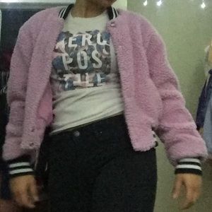 fuzzy jacket from Rue 21 n White Aeropostale shirt